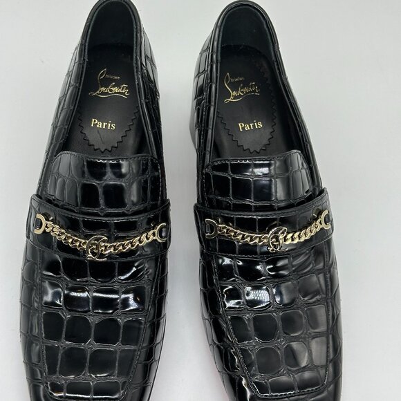 Christian Louboutin MJ MOC 50 Croc Leather Heeled Loafers Shoes Chain CL - Picture 14 of 16